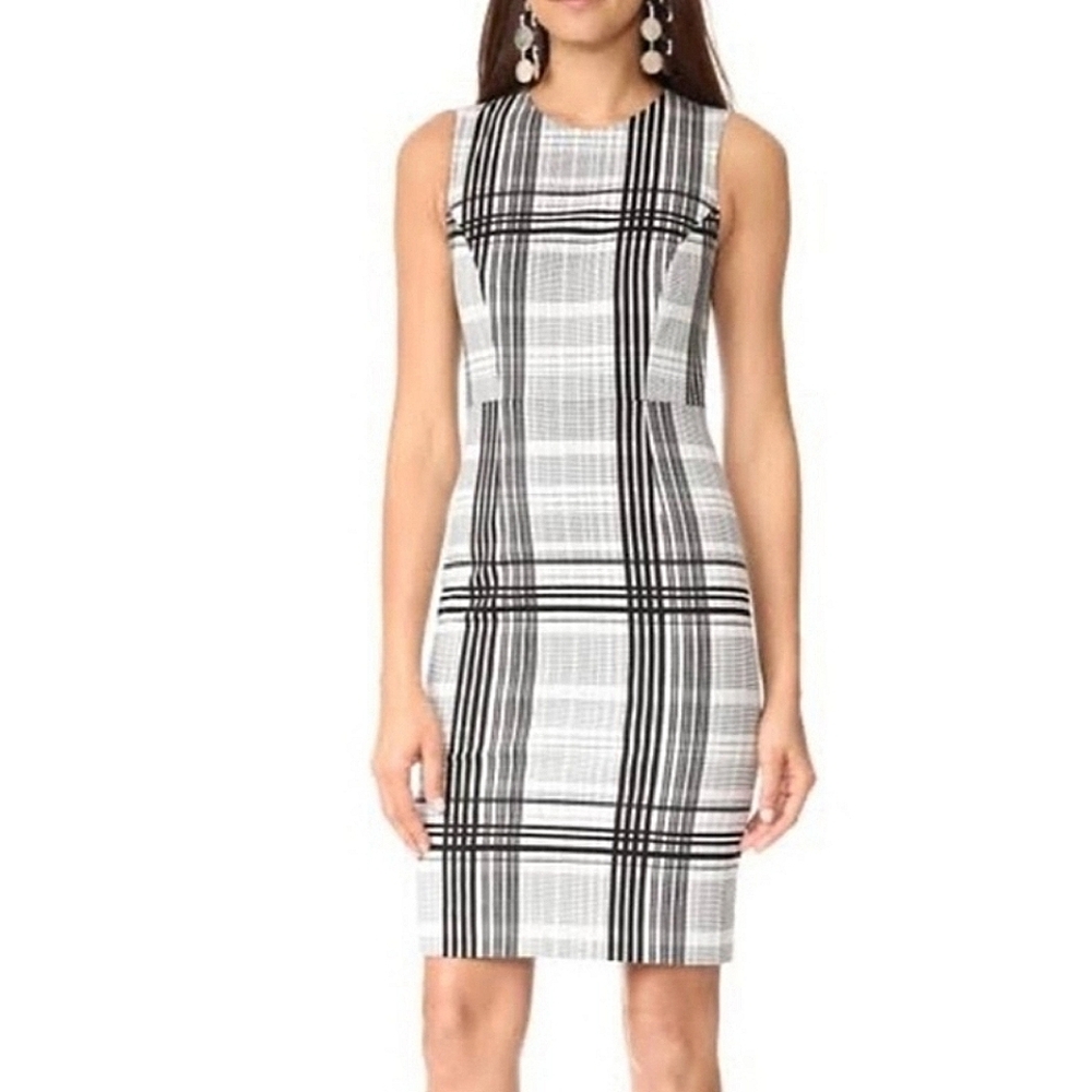 Diane Von Furstenberg Cotton Blend Black & White Tailored‎ Plaid Sheath Dress